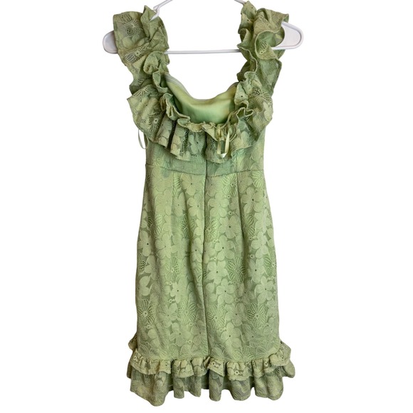 Selfie Leslie Womens Sage Green Floral Lace Ruffle Mini Dress Sweetheart XS - Picture 2 of 6